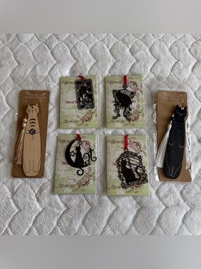 Cat & Decorative Metal Bookmarks Set - Black, Tan